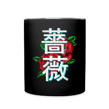 Roses with Japanese characters - Full Colour Mug - black - Front