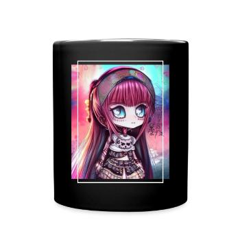 Kawaii Chibi Girl Anime Artwork Gift - Full Colour Mug - black - Front