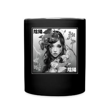 Yin Yang Koi Fisch Gothic Emo Japanische Kirschblü - Tasse einfarbig - Schwarz - Vorne