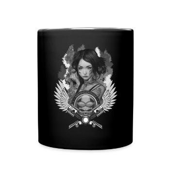 Biker Girl Schädel Motorradfrau Rider - Tasse einfarbig - Schwarz - Vorne