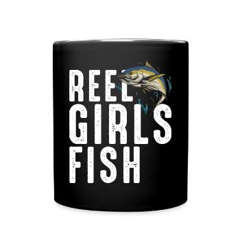 Reel Mädchen Fisch weiblich Frauen Thunfisch Angeln Retro - Tasse einfarbig - Schwarz - Vorne