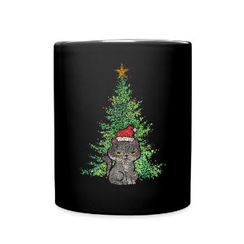Katze Katzen Weihnachtsmuffel Weihnachtensbaum - Tasse einfarbig - Schwarz - Vorne