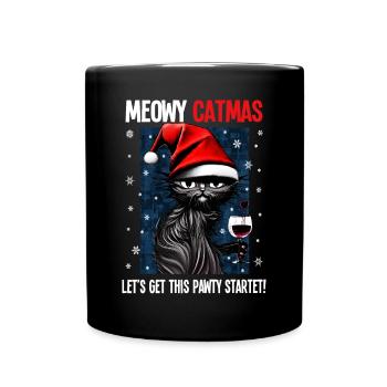 Christmas Black Cat with Wine Glass Wine - Full Colour Mug - black - Front