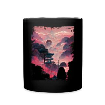 Japanische Landschaft Vaporwave Mountain Nature - Tasse einfarbig - Schwarz - Vorne