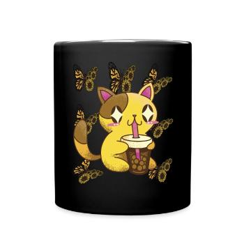 Nette Katze mit Sonnenblumen-Schmetterlings-Tee-Ka - Tasse einfarbig - Schwarz - Vorne