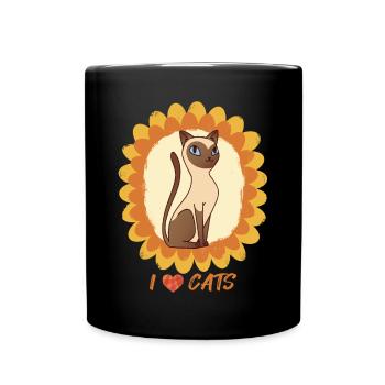 Ich liebe Katzen-Sonnenblume und siamesische Katze - Tasse einfarbig - Schwarz - Vorne