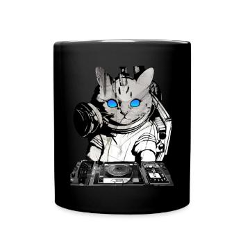 DJ Katze mit Mischpult - Tasse einfarbig - Schwarz - Vorne