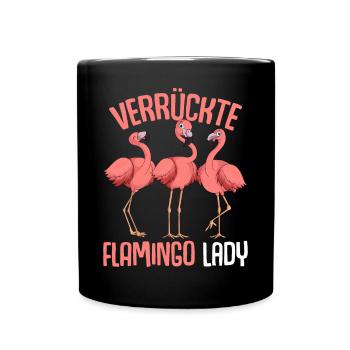 Verrückte Flamingo Lady Damen Mädchen - Tasse einfarbig - Schwarz - Vorne