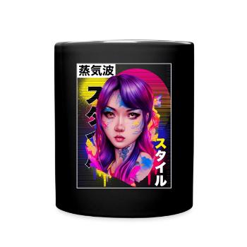 Japanische Vaporwellen -Ästhetik Buntes Anime Girl - Tasse einfarbig - Schwarz - Vorne