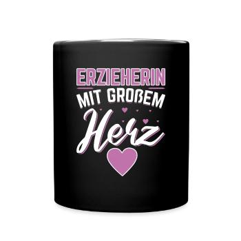 Kindergärtnerin Erzieherin mit großem Herz - Tasse einfarbig - Schwarz - Vorne