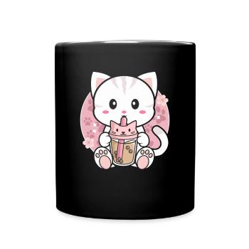 Katze Bubble Tea Süße Katze trinkt Bubble Tee - Tasse einfarbig - Schwarz - Vorne