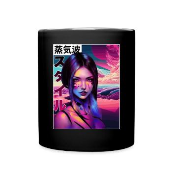 Buntes Anime Girl Japanische Vaporwave -Ästhetik - Tasse einfarbig - Schwarz - Vorne