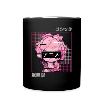 Glitch Anime Chibi Japanische Vaporwellen -Ästheti - Tasse einfarbig - Schwarz - Vorne