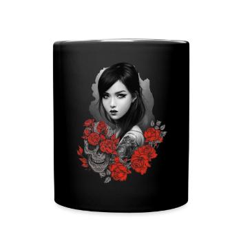 Gothic Biker Girl Rose Blumenschädel Tattoo Goth F - Tasse einfarbig - Schwarz - Vorne