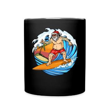 Weihnachten, Weihnachtsmann am Surfen, Surfbrett - Tasse einfarbig - Schwarz - Vorne