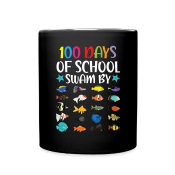 100 Tage Schule geschwommen von Lehrerschüler Fisch - Tasse einfarbig - Schwarz - Vorne