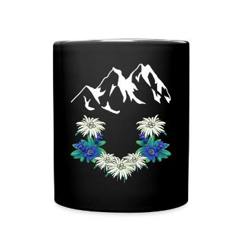 Österreich Schweiz Gebirge Berge Enzian Edelweiß - Tasse einfarbig - Schwarz - Vorne