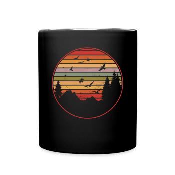 RETRO FOREST WITH BIRD AT SUNSET - Full Colour Mug - black - Front