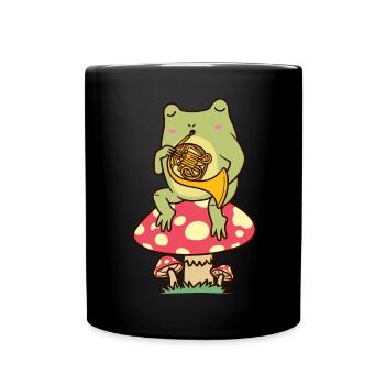 Grenouille sur champignon avec Français corne Français corniste Joueur de cor - Mug uni - noir - Devant