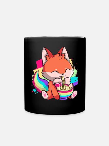 Kawaii Fox Nouilles Ramen Japonaises Arc-en-ciel Nied - Mug uni - noir