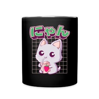 Kawaii Katze Japanische Erdbeermilch - Tasse einfarbig - Schwarz - Vorne