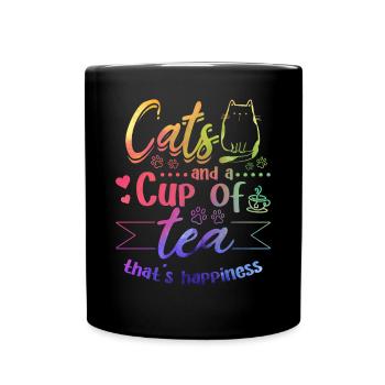 Cats And A Cup Of Tea That's Happiness - Cat Lover - Full Colour Mug - black - Front