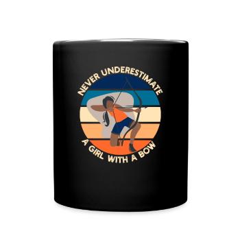 Unterschätze niemals ein Mädchen mit einem Bogenbogenschießen - Tasse einfarbig - Schwarz - Vorne