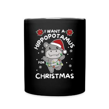 Ich will ein Flusspferd zu Weihnachten süße Hippos - Tasse einfarbig - Schwarz - Vorne