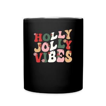 Merry Christmas groovy retro Holly Jolly Vibes - Full Colour Mug - black - Front