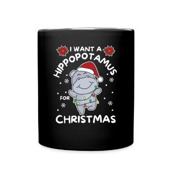Ich will ein Flusspferd zu Weihnachten süße Hippos - Tasse einfarbig - Schwarz - Vorne