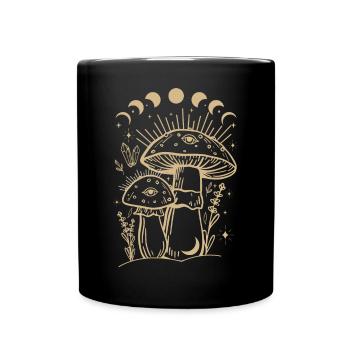 Boho Mushrooms & Minimalism Goblincore Aesthetic - Full Colour Mug - black - Front