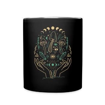 Boho Mushrooms & Minimalism Goblincore Aesthetic - Full Colour Mug - black - Front