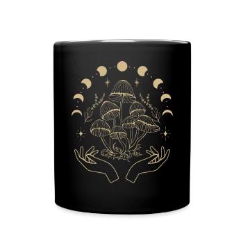 Boho Mushrooms & Minimalism Goblincore Aesthetic - Full Colour Mug - black - Front