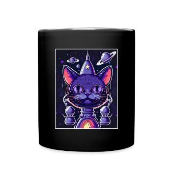 Katze Weltraum Astronaut Space Neon Raketen - Tasse einfarbig - Schwarz - Vorne