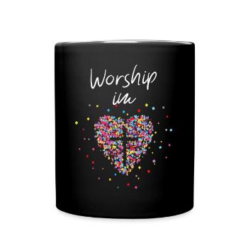 Worship im Herz Kreuz Glaube Gott Bibel Christen - Tasse einfarbig - Schwarz - Vorne