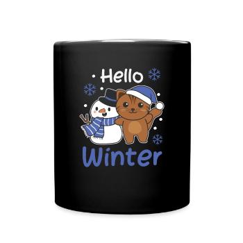 Cat Hello Winter Snowman Snow Christmas - Full Colour Mug - black - Front
