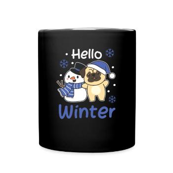 Mops Hello Winter schneemann schnee weihnachten - Tasse einfarbig - Schwarz - Vorne