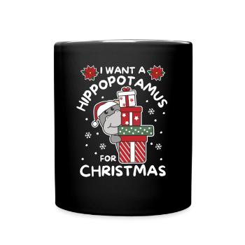 Ich will ein Flusspferd zu Weihnachten süße Hippos - Tasse einfarbig - Schwarz - Vorne