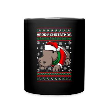 Hippopotamus with Ugly Christmas Sweater - Full Colour Mug - black - Front