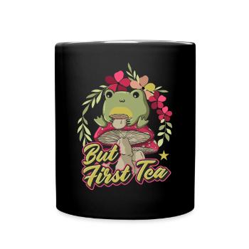 Cottagecore Aesthetic Frog Sipping Tea - Full Colour Mug - black - Front
