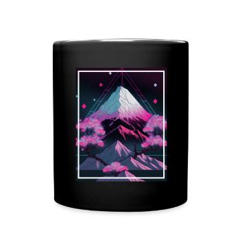 Japan Kirschblüte Berge Neon Retro Fabel Fantasie - Tasse einfarbig - Schwarz - Vorne