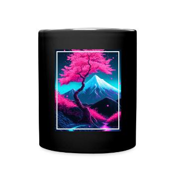 Fantasie Japan Kirschblüte Berge Neon Retro Fabel - Tasse einfarbig - Schwarz - Vorne