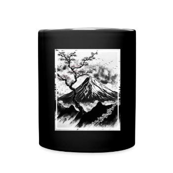 Fantasie Japan Kirschblüte Berge Neon Retro Fabel - Tasse einfarbig - Schwarz - Vorne