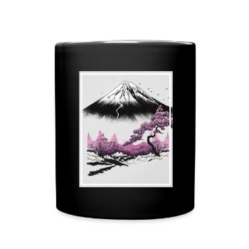 Fantasie Japan Kirschblüte Berge Neon Retro Fabel - Tasse einfarbig - Schwarz - Vorne