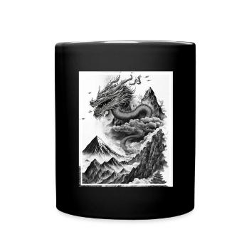Drachen Japan Kirschblüte Berge Neon Retro Fabel - Tasse einfarbig - Schwarz - Vorne