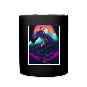 Drachen Japan Kirschblüte Berge Neon Retro Fabel - Tasse einfarbig - Schwarz - Vorne