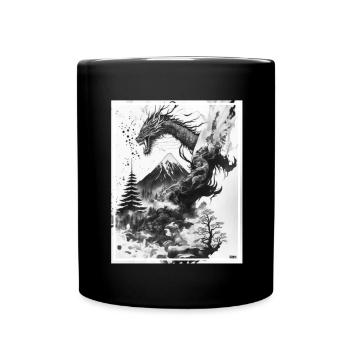 Drachen Japan Kirschblüte Berge Neon Retro Fabel - Tasse einfarbig - Schwarz - Vorne
