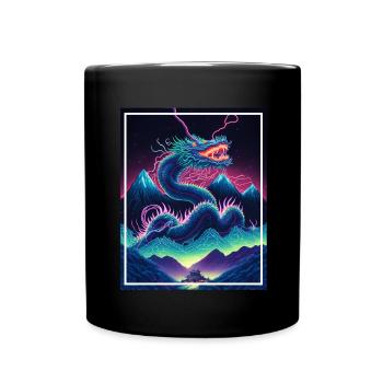 Drachen Japan Kirschblüte Berge Neon Retro Fabel - Tasse einfarbig - Schwarz - Vorne