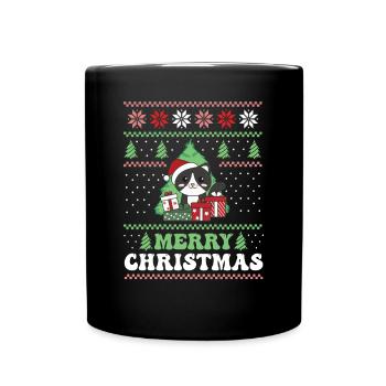 Merry Christmas retro ugly christmas Katze - Tasse einfarbig - Schwarz - Vorne