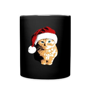 Katze mit Weihnachtsmütze Weihnachtskatze - Tasse einfarbig - Schwarz - Vorne